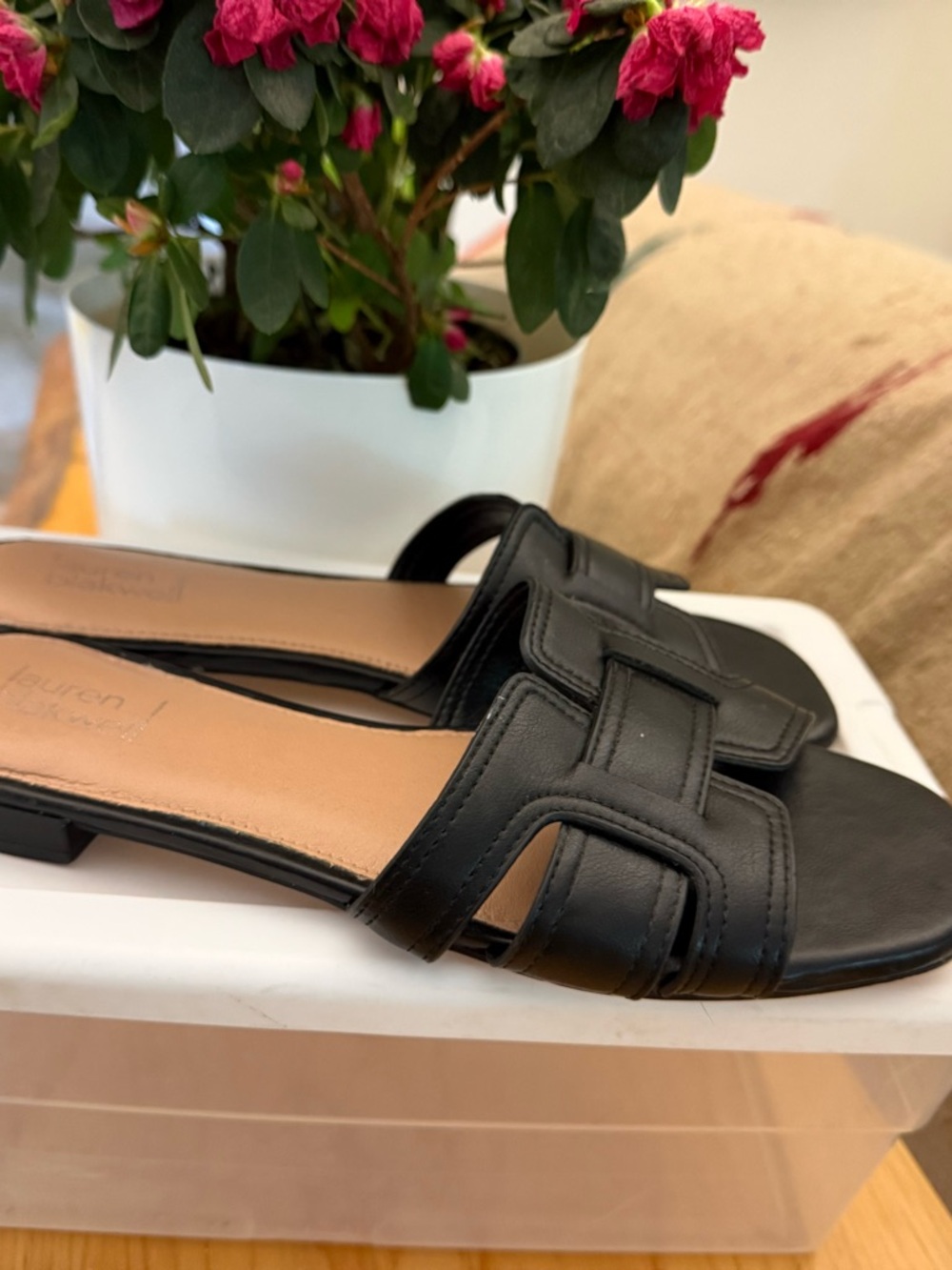 Black Leather Slide Mules with Interwoven Strap Detail
